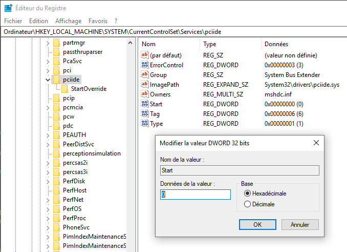 Regedit: modification de la clé Start dans PCIIDE